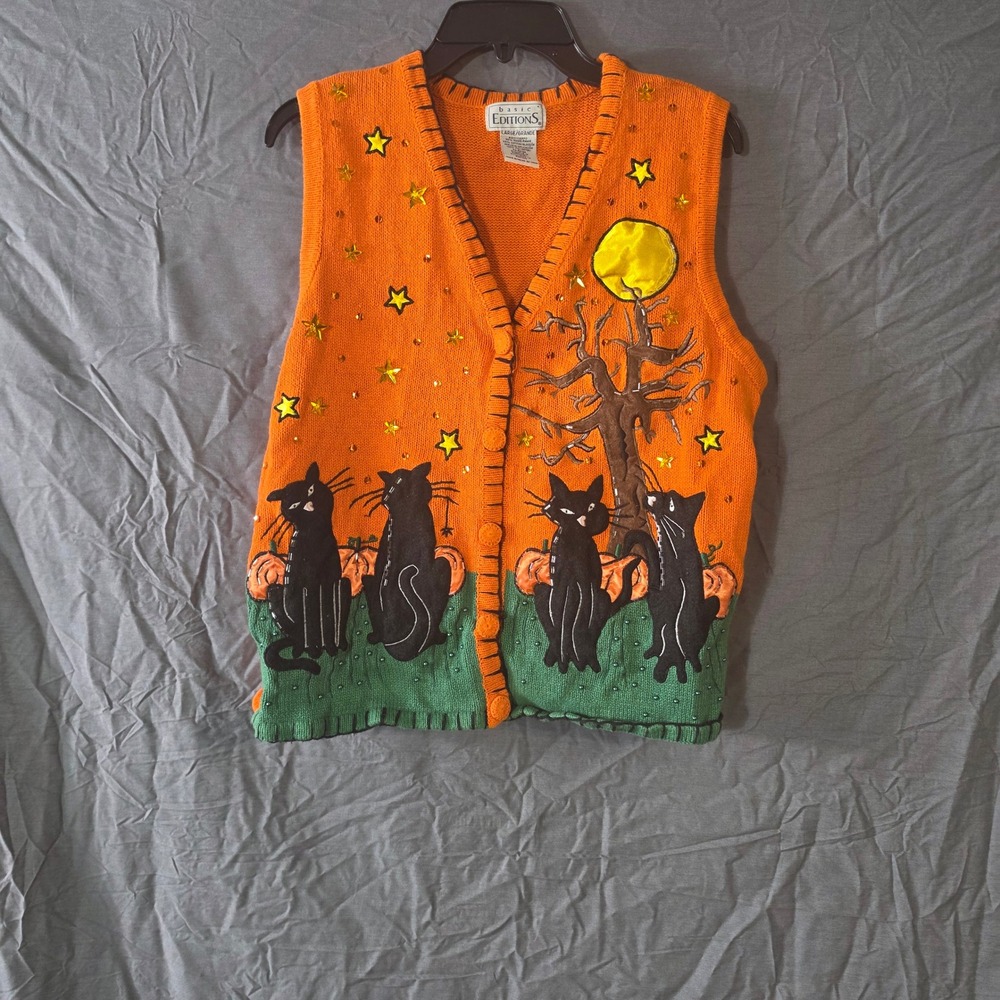 Vtg Basic Editions Halloween Black Cat Pumpkin Sweater Vest Orange Green Large